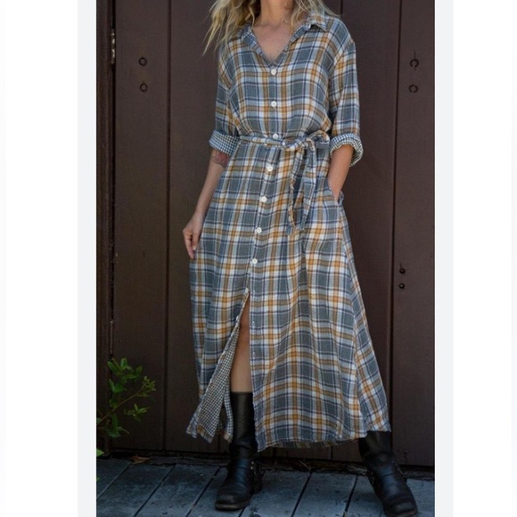 CP Shades Michelle Plaid Button Front Long Sleeve Midi Dress in Gray Size Small - Picture 1 of 14